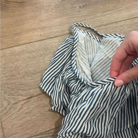 Soprano Thin Blue and White Stripe Cold Shoulder Ruffle Top - Picture 3 of 5